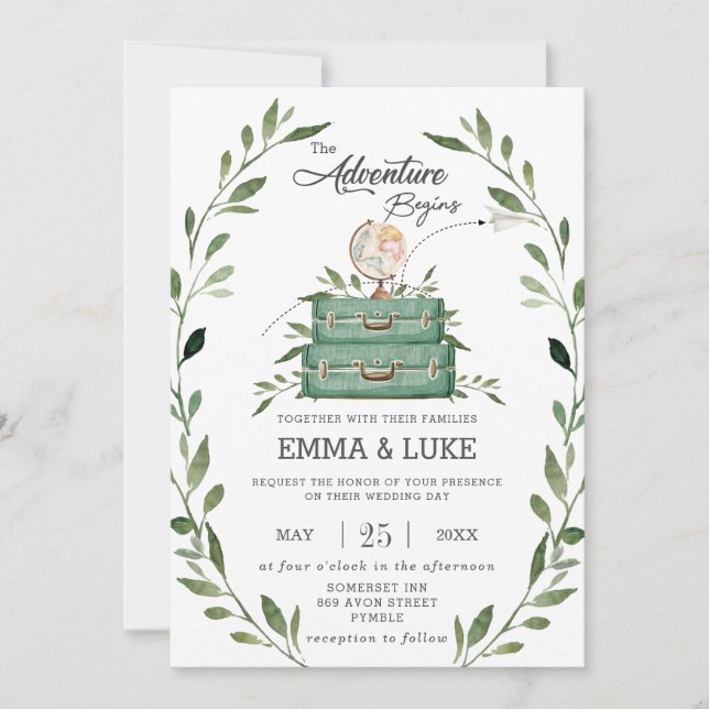 Greenery Adventure Wedding Suitcase Reise Einladung (Vorderseite)