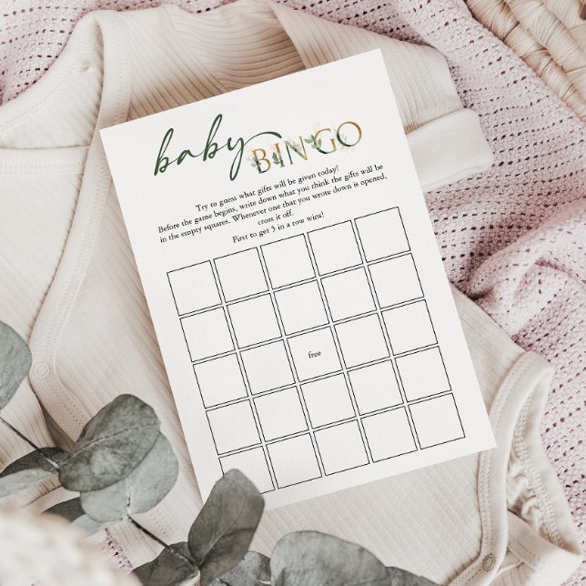 Greenery and Gold Baby Shower Baby Bingo Card Einladung (Von Creator hochgeladen)