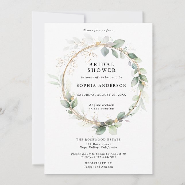 Greenery and Gold Bridal Shower Invitation Einladung (Vorderseite)