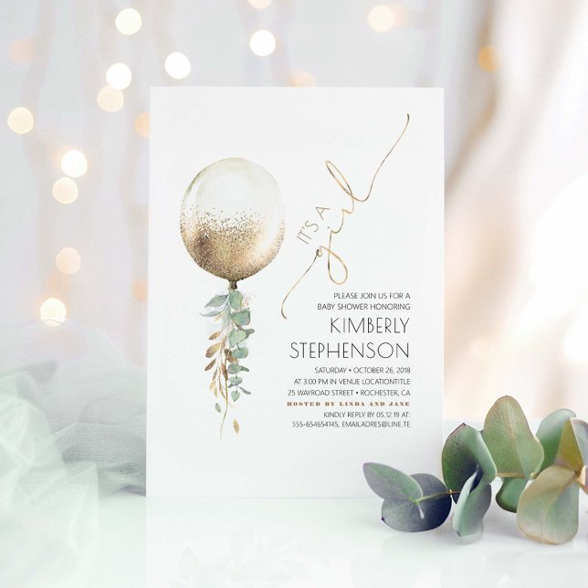 Greenery and Gold Glitzer Balloon Baby Shower Einladung (It's a Girl Gold Balloon and Greenery Baby Shower Invitations)