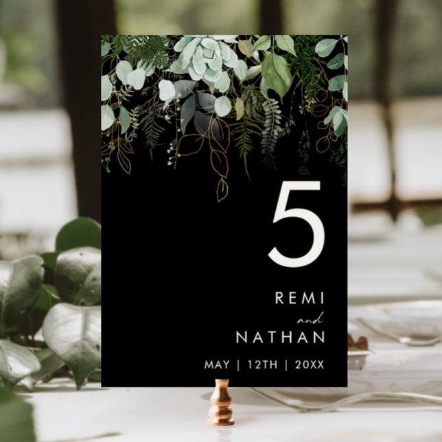 Greenery and Gold Leaf | Black Table Number Tischnummer (Von Creator hochgeladen)