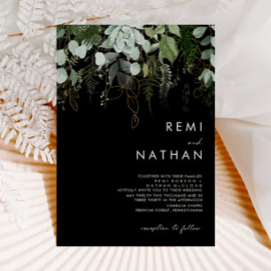 Greenery and Gold Leaf   Black Wedding Invitation Einladung