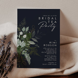 Greenery and Gold Leaf Dark Navy Bridal Tea Party Einladung