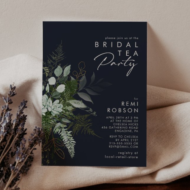 Greenery and Gold Leaf Dark Navy Bridal Tea Party Einladung (Von Creator hochgeladen)