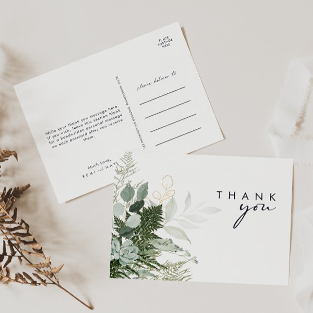 Greenery and Gold Leaf Script Wedding Vielen Dank Postkarte (Von Creator hochgeladen)