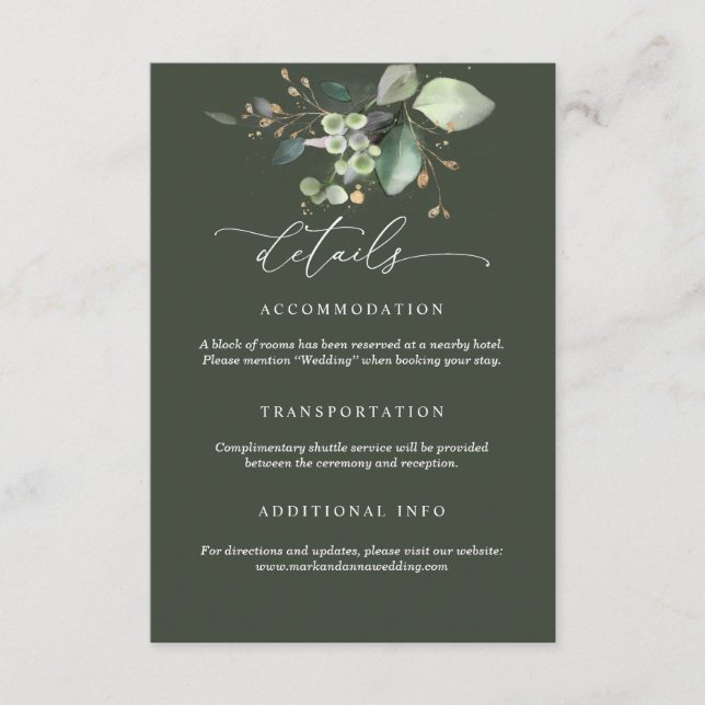 Greenery and Gold Wedding Details Card Begleitkarte (Vorderseite)