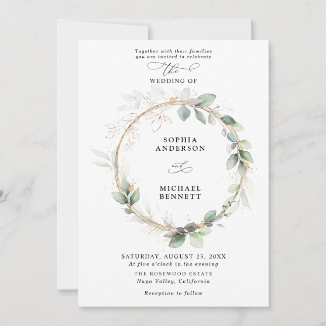 Greenery and Gold Wedding Invitation Einladung (Vorderseite)