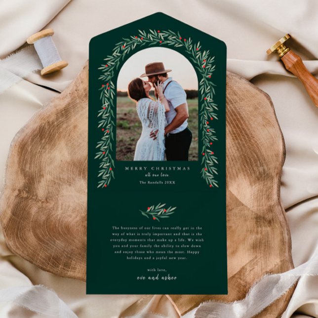 Greenery Arch Elegantes Foto All In One Einladung (Elegant boho greenery arch photo christmas holiday all in one card.)