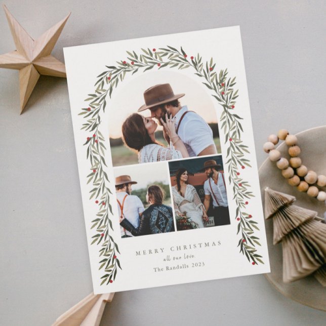Greenery Arch Modernes Drehbuch 3 Foto Weihnachten (Elegant greenery arch 3 photo christmas holiday cards.)
