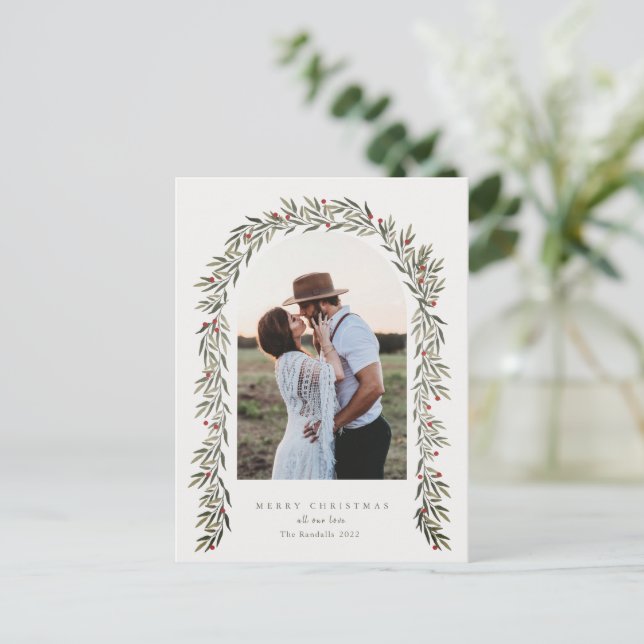 Greenery Arch Modernes Script Foto Weihnachten (Stehend Vorderseite)