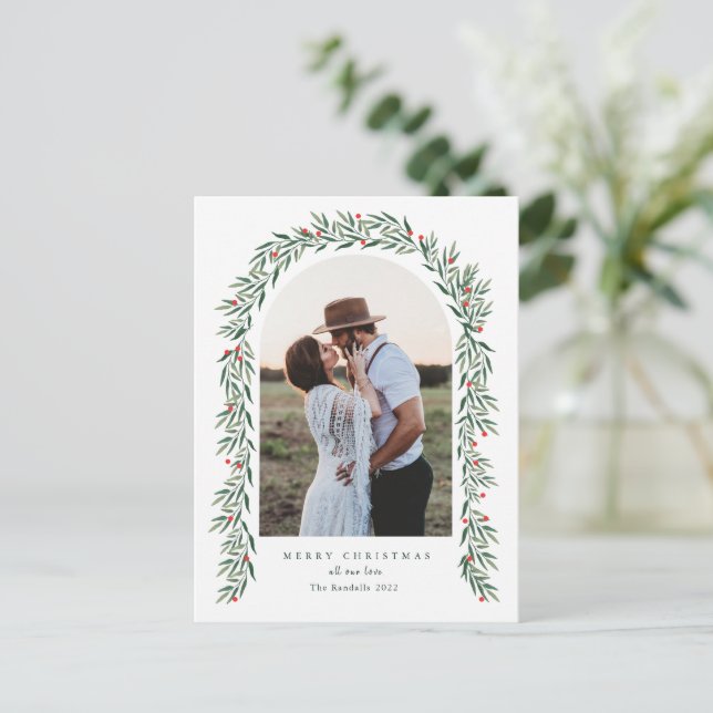 Greenery Arch Modernes Script Foto Weihnachten (Stehend Vorderseite)