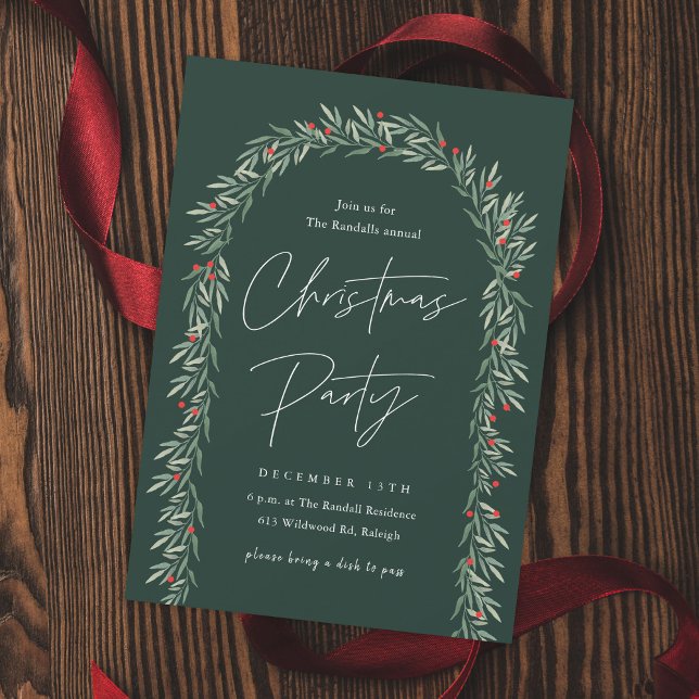 Greenery Arch Modernes Script Weihnachtsgeschenk P Einladung (Elegant Hand-painted Greenery Arch Christmas Party Invitaitons.)