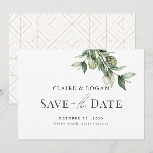 Greenery Artichoke Wasserfarbe Grün Save the Date Einladung (Vorne/Hinten)