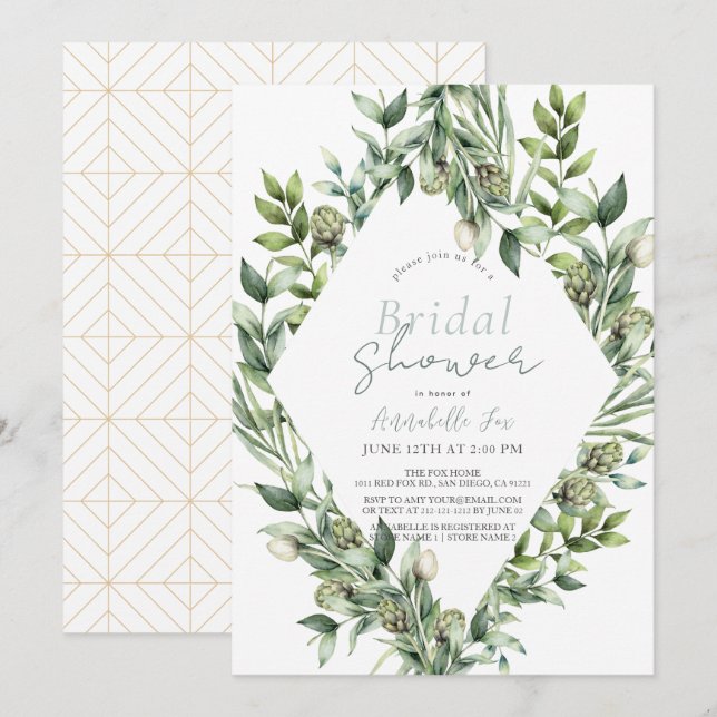 Greenery Artichoke Watercolor Grünes Brautparty Einladung (Vorne/Hinten)