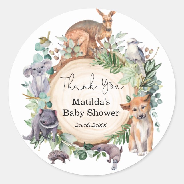 Greenery Australian Wild Animals Baby Shower Runder Aufkleber (Vorderseite)