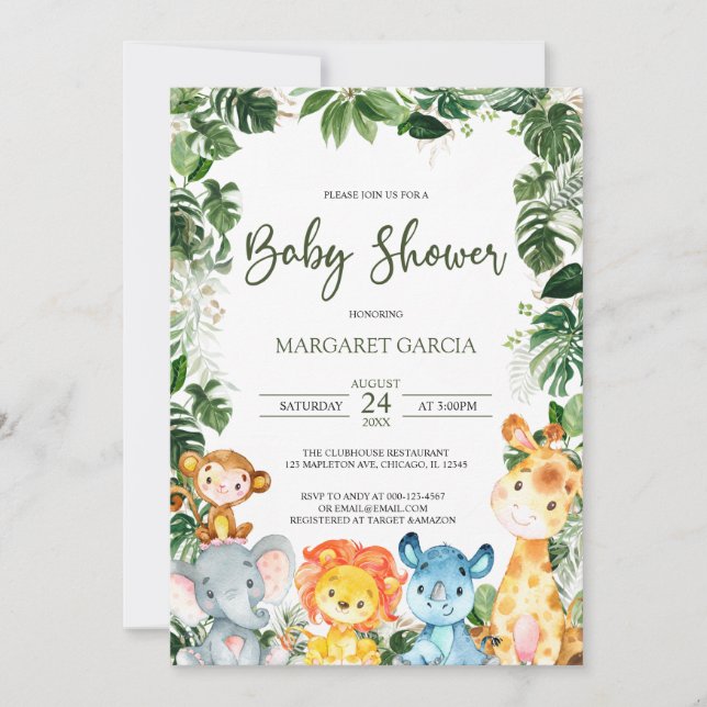 Greenery Baby Boy Safari Animals Baby Shower Einladung (Vorderseite)