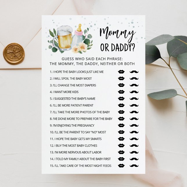 Greenery Baby braut Mommy oder Daddy Pink Spiel (Beer and Floral Baby is Brewing Baby Shower Mommy or Daddy Game Card)