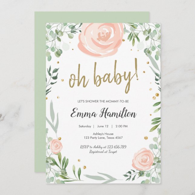 Greenery Baby Duwer Rose Blätter Wedding Pink Einladung (Vorne/Hinten)