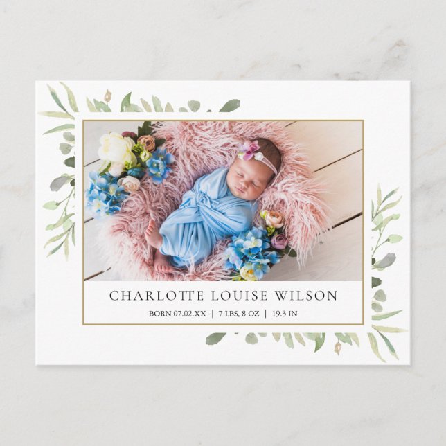 Greenery Baby Foto Geburtserklärung Vielen Dank Postkarte (Vorderseite)