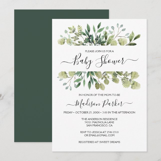 Greenery Baby Shower Einladung (Vorne/Hinten)