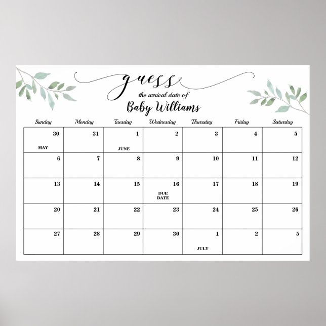 Greenery Baby Shower Guess Due Date Calendar Poste Poster (Vorne)