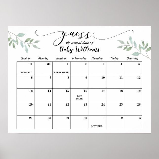 Greenery Baby Shower Guess Due Date Calendar Poster (Vorne)