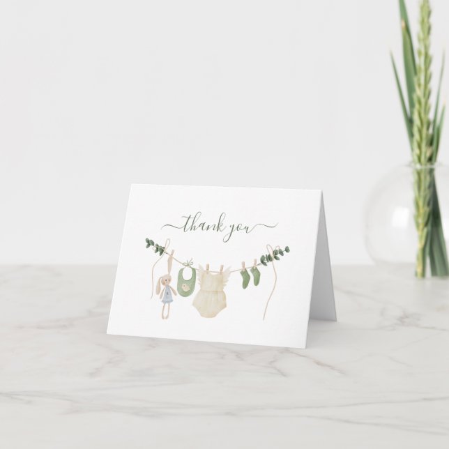 Greenery Baby Shower Party Boho Baby Clothesline Dankeskarte (Vorderseite)
