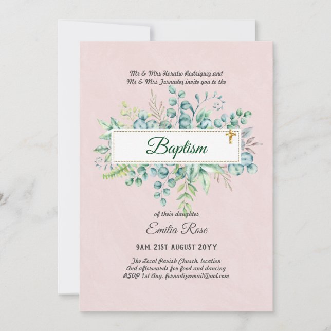 Greenery Baptism Bautizo Bautismo Christening Invi Einladung (Vorderseite)
