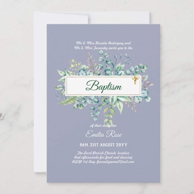 Greenery Baptism Bautizo Bautismo Christening Invi Einladung (Vorderseite)