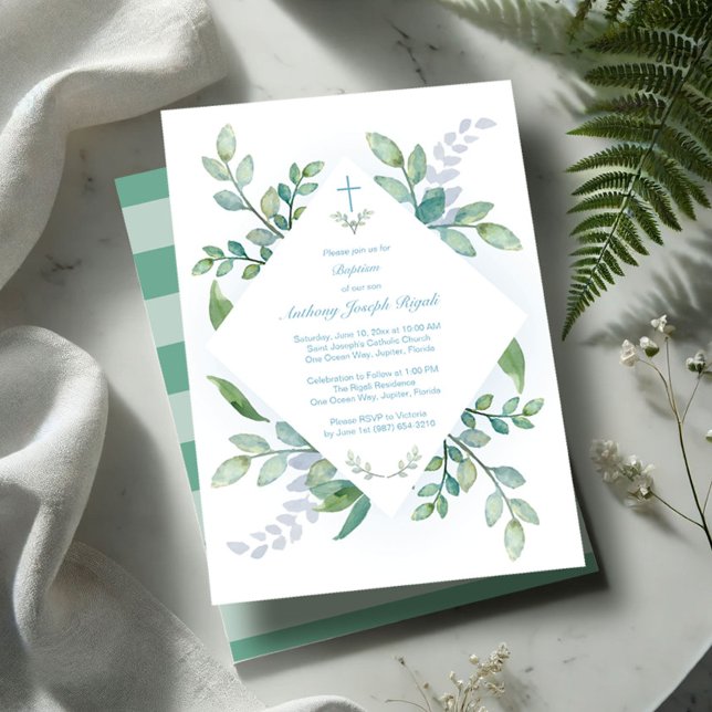 Greenery Baptism Invitations Boy Einladung (Baptism invitations boy watercolor greenery)