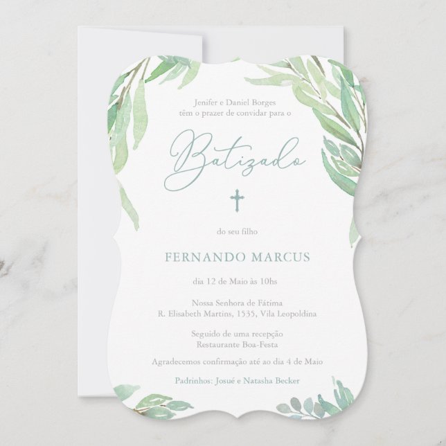 Greenery Baptism Party für Jungen in portugiesisch Einladung (Vorderseite)