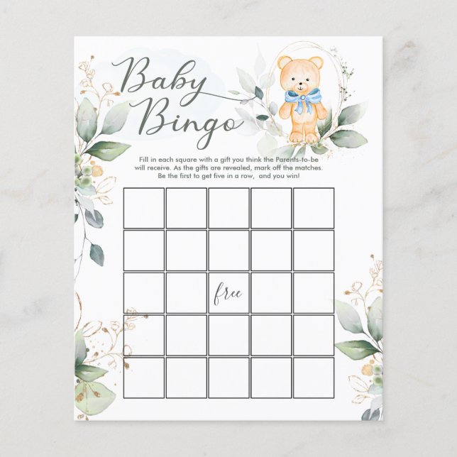 Greenery Bear Baby Shower Bingo/Traits Games Flyer (Vorne)