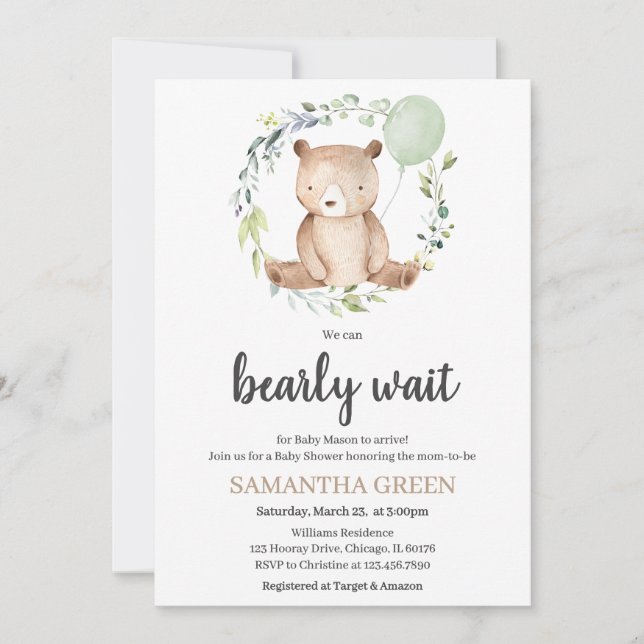 Greenery Bear Baby Shower Einladung (Vorderseite)