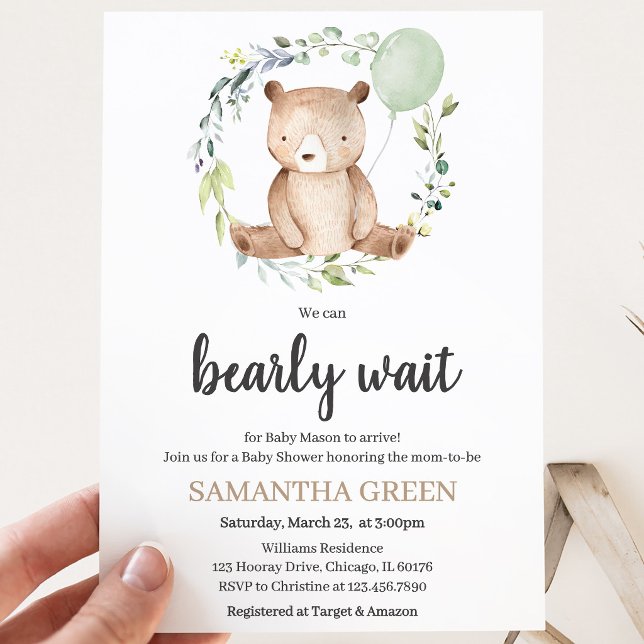 Greenery Bear Baby Shower Einladung (Von Creator hochgeladen)