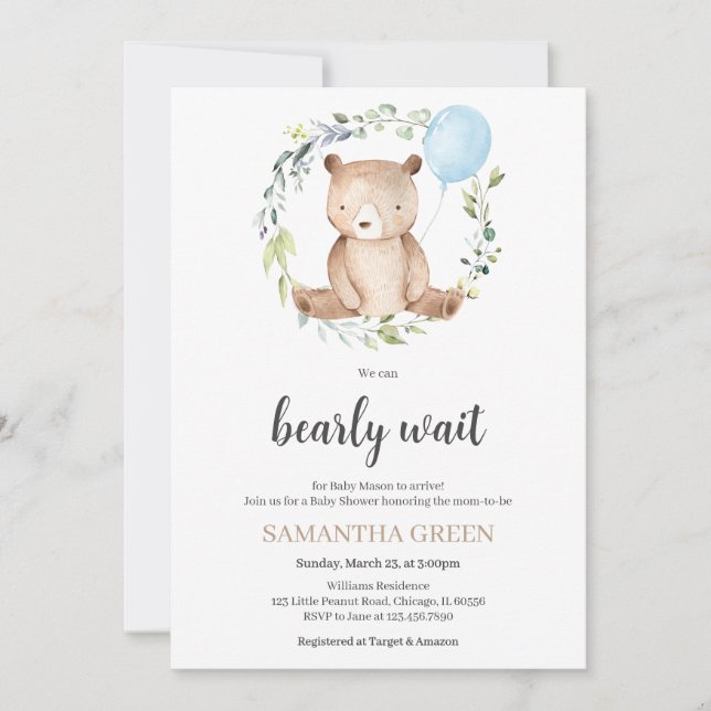 Greenery Bear Baby Shower Einladung (Vorderseite)