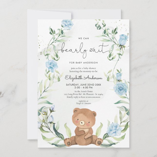 Greenery Bear Blue Flowers Boy Baby Shower Einladung (Vorderseite)