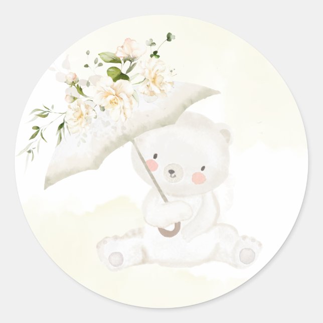 Greenery Bear Gender Neutral Floral Baby Shower Cl Runder Aufkleber (Vorderseite)
