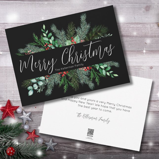 Greenery Black Christmas Feiertagskarte (Greenery Red Green Black Merry Christmas Holiday Card)
