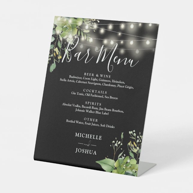 Greenery Black String Lights Wedding Bar Menu Sockelschild (Vorderseite)