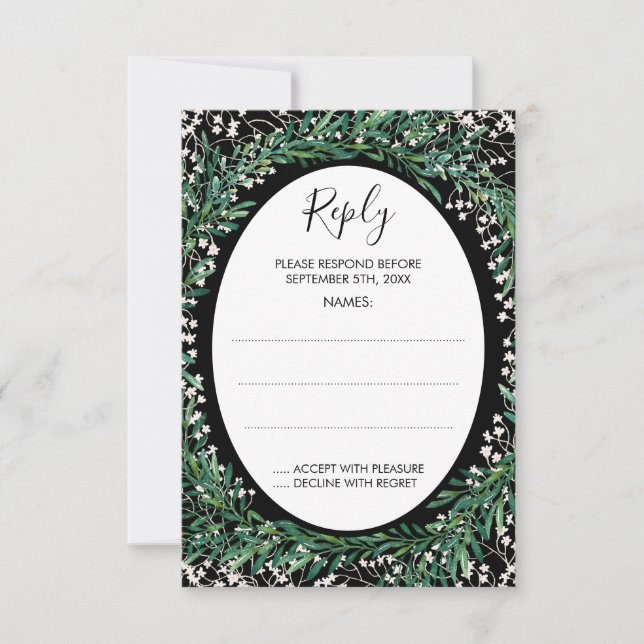 Greenery Blätter & Florets Monogram Black Reply RSVP Karte (Vorderseite)
