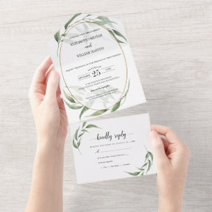 Greenery-Blätter Geometrische Rahmen Hochzeit mit  All In One Einladung