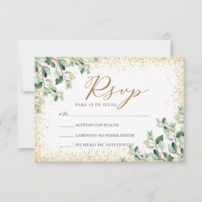 Greenery Blätter Gold Nuestra Boda Wedding RSVP Einladung (Vorderseite)