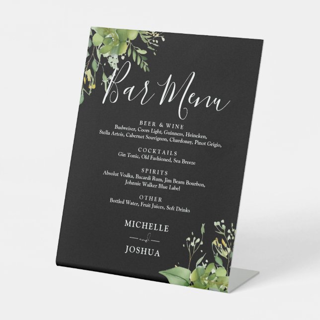 Greenery Bloral Black and White Wedding Bar Menu Sockelschild (Vorderseite)