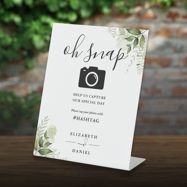 Greenery Bloral Script Oh Snap Foto Sockelschild (Greenery Floral Script Oh Snap Photo Pedestal Sign)
