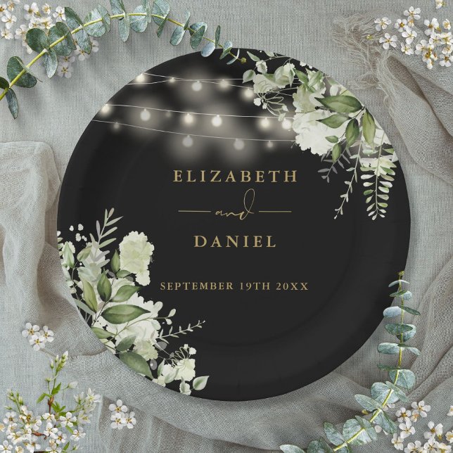 Greenery Bloral String Lights Black Gold Wedding Pappteller (Greenery Floral String Lights Black Gold Wedding Paper Plates)