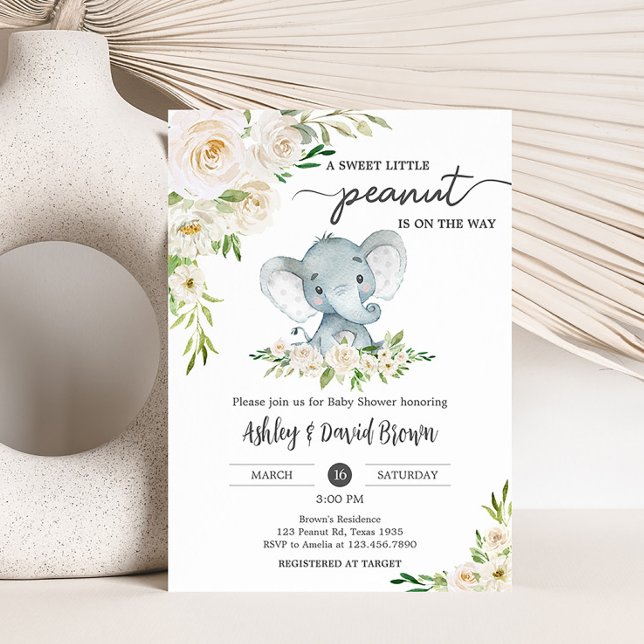 Greenery Bloral White Elephant Baby Dusche Einladung (A Little Peanut is on the Way Baby Shower Invitation)