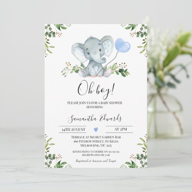 Greenery Blue Balloon Elephant Oh Boy Baby Shower Einladung (Stehend Vorderseite)