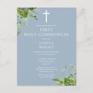 Greenery Blue First Holy Communion Save the Date Postkarte