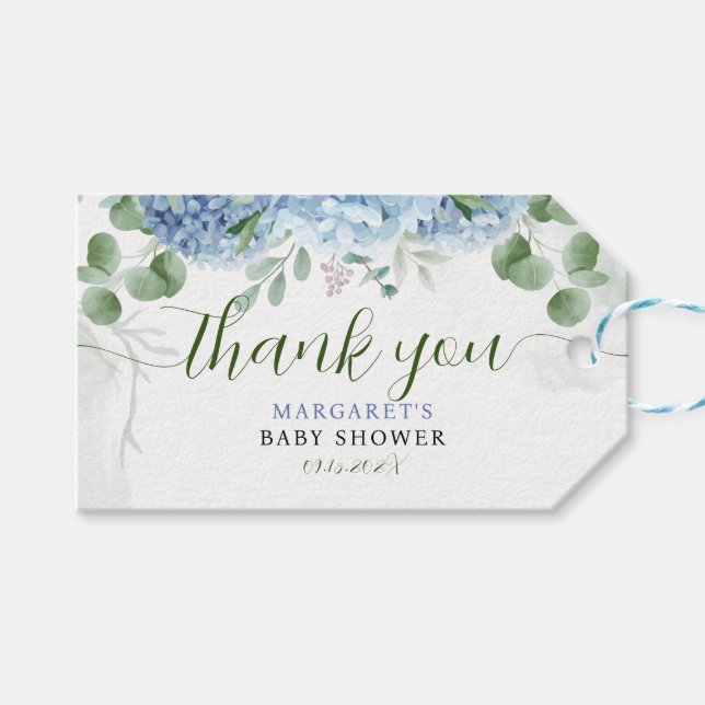 Greenery Blue Hydrangea Danke Baby Shower Geschenkanhänger (Vorderseite (Horizontal))