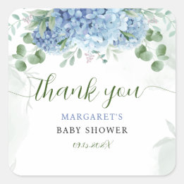 Greenery Blue Hydrangea Danke Baby Shower Quadratischer Aufkleber